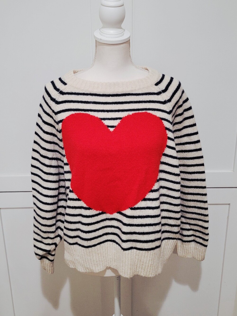 Cream and Navy Blue Striped Sweater with Red Heart | Size XL